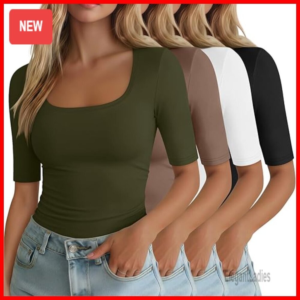 Cotton Blend Square Neck Half Sleeve Tees Slim Fit Casual Tops 4 Pack